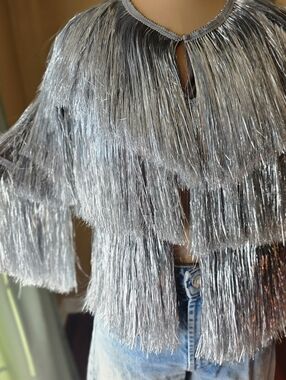 NWT in Package Silver Tinsel Fringe Cardigan Jacket S/M Concert Festival Sparkle